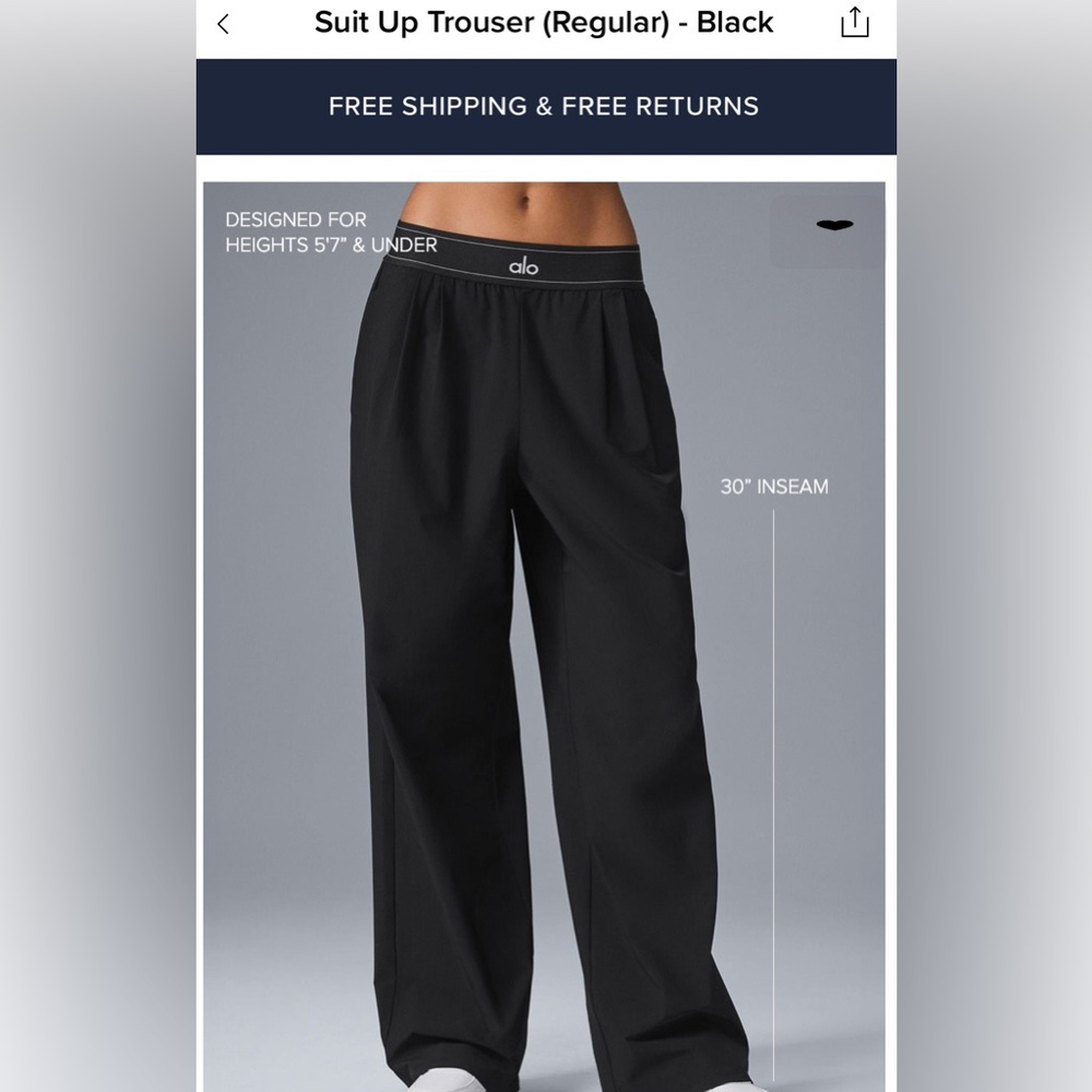 ALO Yoga Black SUIT UP  TROUSER  Pants  30in inseam ( REGULAR) S NWOT